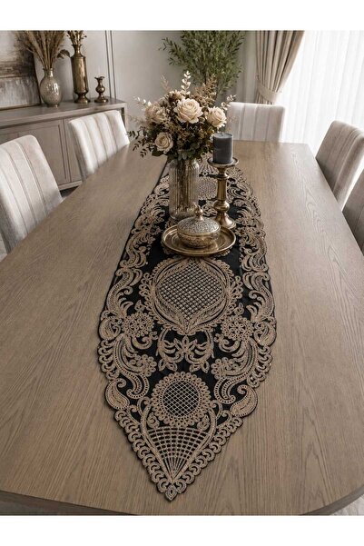 Lena Maison Saray Black Tulle Runner with Embroidery on Black Tulle 135 Cmx45 cm
