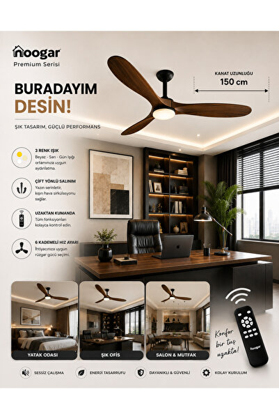 Hoogar German 150 CM Büyük Ahşap Ceviz Kanat 3 Renk Uzaktan Kumandalı DC Kömü...