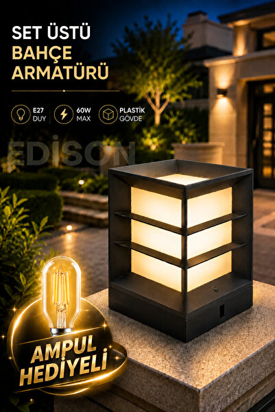 Edison Set Üstü Bahçe Armatürü E27 60W Max Kare Panjurlu Dış Mekan Kolon Dire...