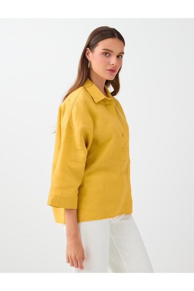Jimmy Key Mustard 100% Linen Relaxed Fit Three Quarter Sleeve Shirt Collar Blouse