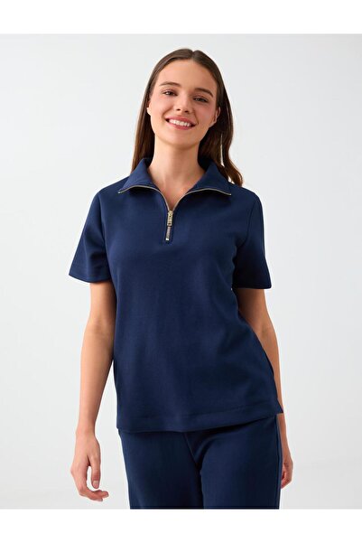 Jimmy Key Navy Blue Zipper Detailed High Collar Short Sleeve Blouse