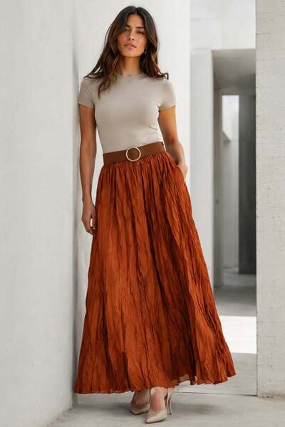 Madmext Tile Elastic Waist Wrinkled Micro Long Women's Skirt Mg2155