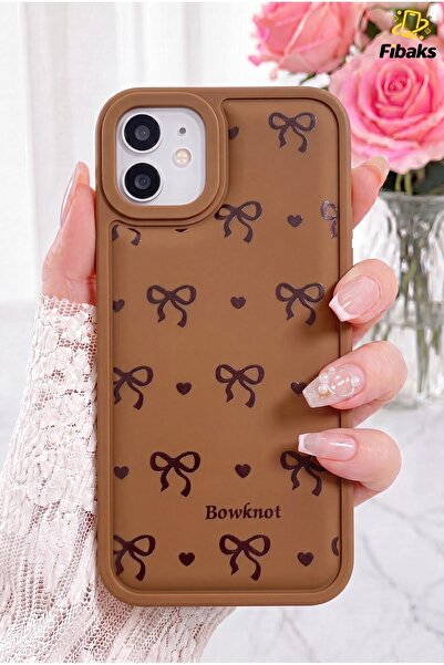 Fibaks iPhone 11 Kılıf Yumuşak Dokulu Fiyonk Desenli Kahverengi Yumuşak Kamer...