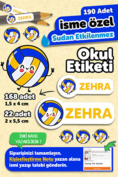 MSticker Okul Etiketi Kalem Defter isimli Etiket Isim Yazılabilen Voleybol Se...