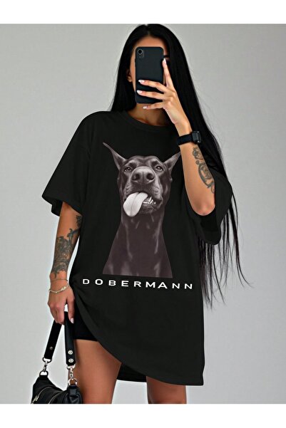 chaygoy Unisex Relaxed Fit Siyah Tişört Dobermann Ön Baskılı %100 Pamuk