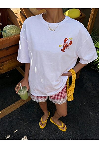 chaygoy Kadın Relaxed Fit Beyaz Tişört Lobster Best Ön ve Sırt Baskılı %100 Pamuk