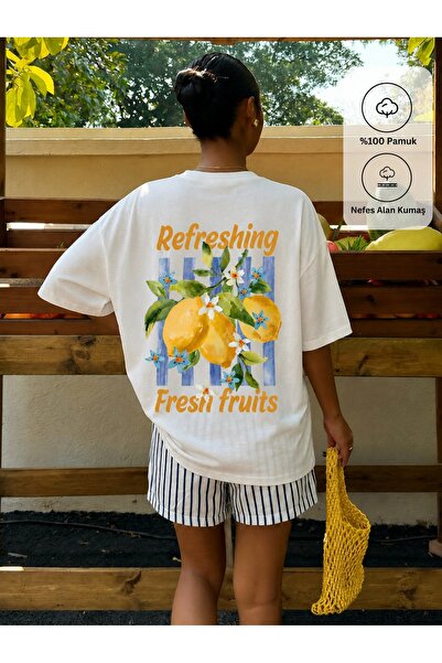 chaygoy Kadın Oversize Beyaz Tişört Refreshing Fresh Fruits Sırt Baskılı %100 Pamuk