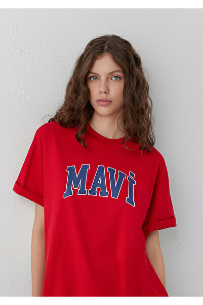 Mavi Logo Baskılı Kırmızı Tişört Oversize / Geniş Kesim 1600843-86417