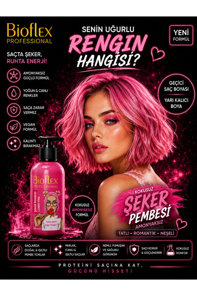 Bioflex Şeker Pembe Saç Boyası Geçici Renkli Toz Pembe Amonyaksız 250 ml Pink Hair Dye jeans color Pink