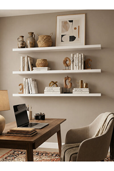 Free Home Premium MDF Ürün Gizli Montajlı Uçan Raf 100x15 - 3 Adet Kitaplık M...
