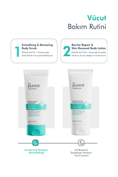 The Purest Solutions Arındırıcı& Nemlendirici Vücut Bakım Seti: Glikolik Asit Vücut Peelingi& Glikolik Asit Vücut Losyonu