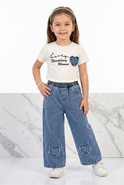 NURTOPU Set de blugi lungi pentru fete, cu model inimioare, culoare albă, pen...