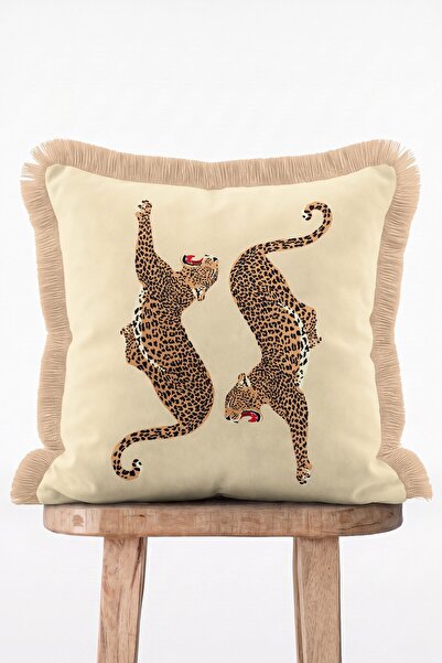 IdeCraft Double Leopard Patterned Cream Cushion Cover - Cream Fringed Pillowcase