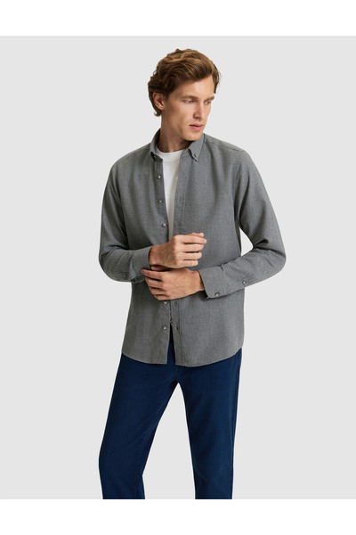 Pierre Cardin Gray Flannel Textured Slim Fit Long Sleeve Shirt 50316751-Vr024