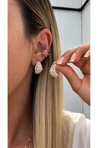 GLARE JEWELRY CO Melek Kanadı Modeli Lüks Zirkon Taşlı Çelik Küpe (çivi kısmı...