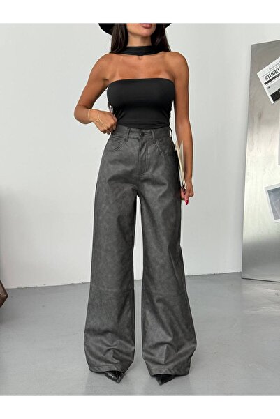 HerTon Pantaloni din imitație de piele, pantaloni cu picior larg, pantaloni d...