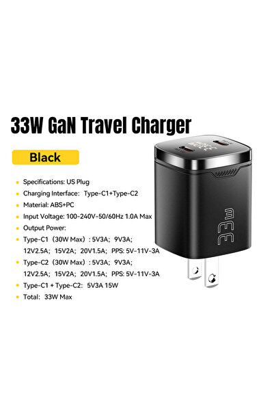 essager 33W US BLACK 33W GaN USB C Charger Digital Display PD Fast Charging F...
