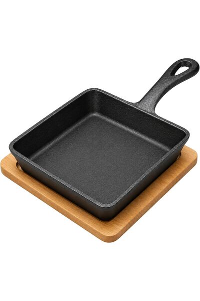 Blackstone Cast Iron Mini Square Skillet with Wooden Sizzler Plate, 13cm - Pe...