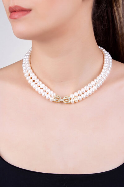 So CHIC... Lotus İnci 18 Ayar Sarı Altın Kaplama 42 Cm Gümüş Choker Kolye