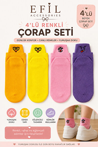 EFİLACCESSORİES Colorful Booties with Ankle Detail, 4-Piece Women's Socks