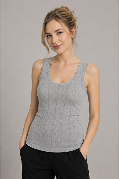 Cotpark Women's 100% Cotton Ribbed Lace Detailed Undershirt 3095 - Gray