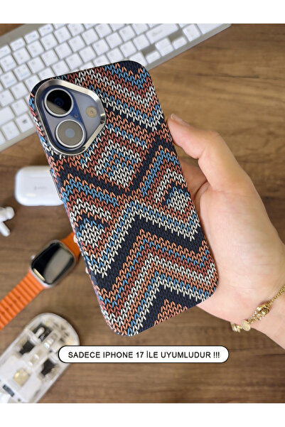 SC Soo Case iPhone 17 Kılıf Etnik Desenli Örgü Görünümlü Magsafe Uyumlu Premi...