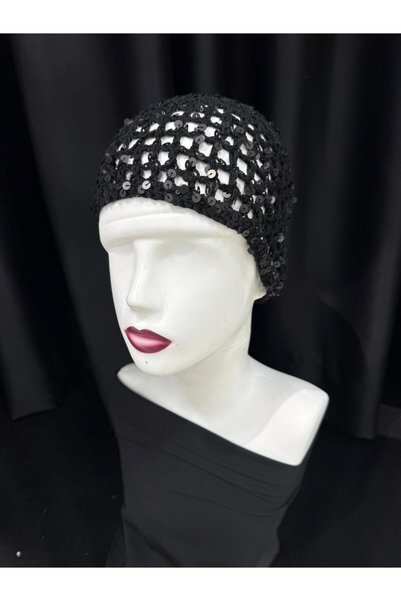 Trend Şapka 19069 Black Handmade Sequined Knitted Beanie Hat Bandana