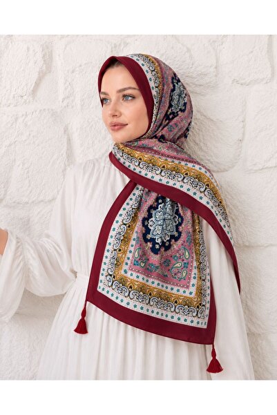 Axesoire 15238 Patchwork Desenli Bordo Püsküllü Şal
