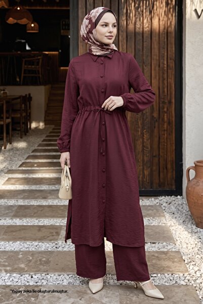 InStyle Büzgülü Düğmeli Bordo Tunik Takım