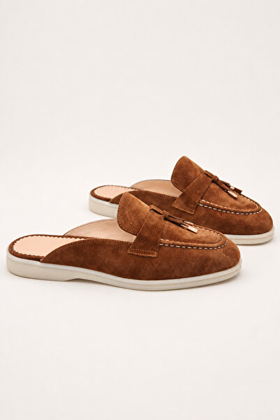 a ayak&kabım official Genuine Leather Tan Suede Daily Women's Slippers