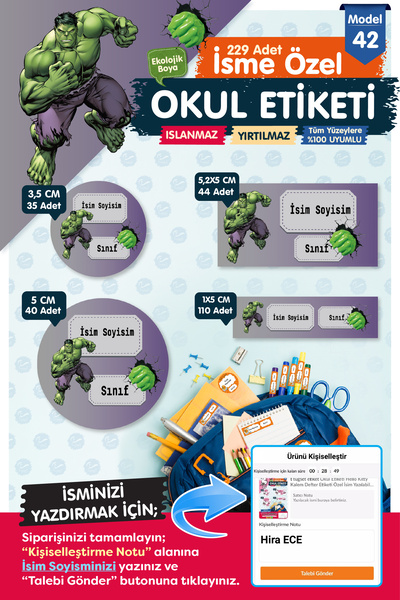 t tuğset etiket Okul Etiketi Hulk Kalem Defter Etiketi Özel İsim Yazılabilen ...