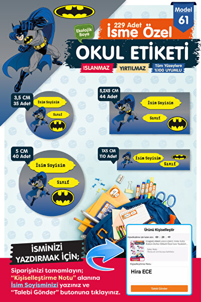 t tuğset etiket Okul Etiketi Batman Kalem Defter Etiketi Özel İsim Yazılabile...