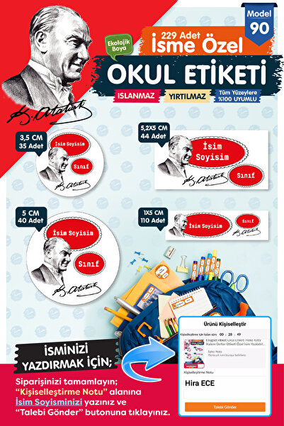 t tuğset etiket Okul Etiketi Kalem Defter Etiketi Özel İsim Yazılabilen Etike...