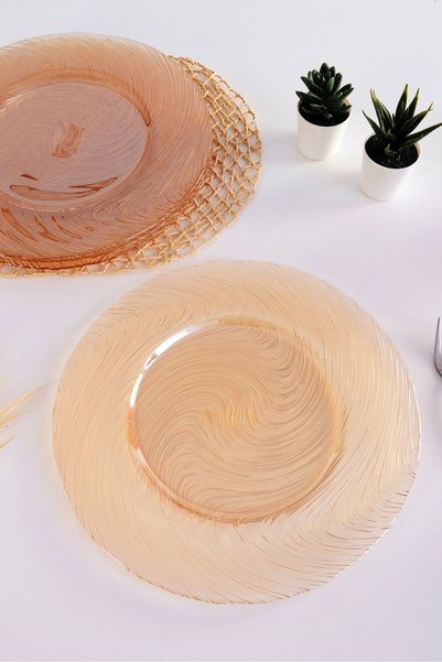 ANGDESİGN Elisya Glass Supla 2-Pack -Amber | |   Glass Serving Plate Set of 2 Amber Patterned Round Presentation Plate Food Cake Breakfast Dessert Serving Tableware Decorative Plate Set Supla Plate