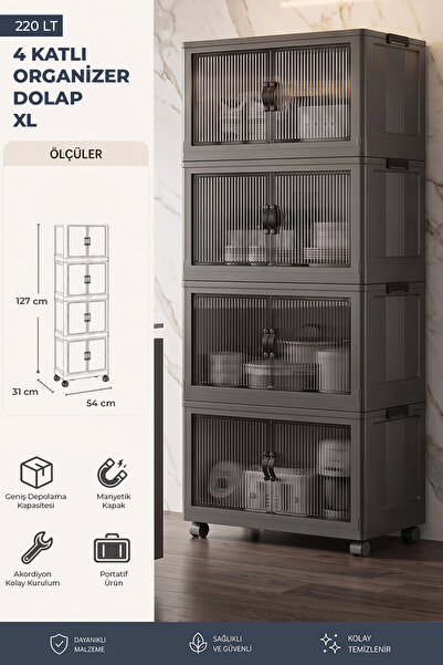 Kitchen Life 4'lü Portatif Istiflenebilir Tekerlekli Organizer Dolap  - Sakla...