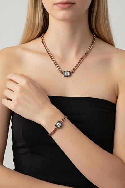 FUYA JEWELLERY Baget Taşlı Zincir Kolye, Bileklik Set