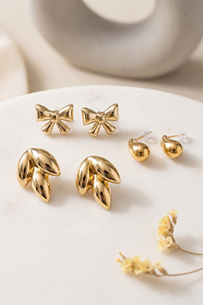 Elika Silver Gold Color Bow, Drop and Leaf Model 3-Piece Earring Set