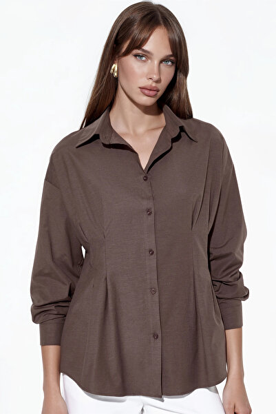 Merterium Women's Waist-Slit Poplin Shirt 1504 - Brown