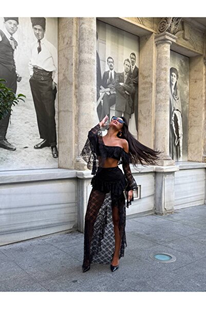 Miss Beyoğlu Γυναικεία δαντελωτή φούστα και μπλούζα από ύφασμα Lycra, Σετ δύο...