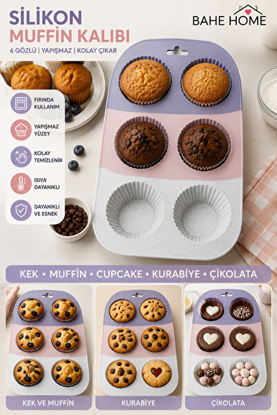 bahe home Silicone Muffin Mold 6-Cavity Multi-Purpose Cupcake Cake Cookie Cho...