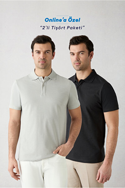 Kiğılı Düğmeli Polo Yaka Regular Fit Pamuklu Düz 2'li Paket Tişört Seti