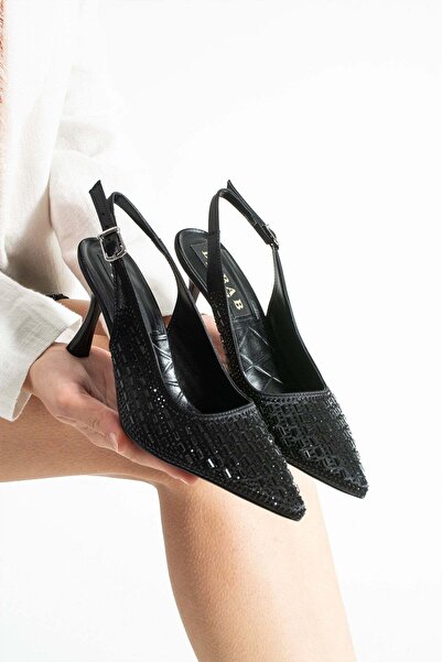 dabab shoes Meria Women's Black 7 cm Pointed Toe Crystal Stone Embroidered Sl...