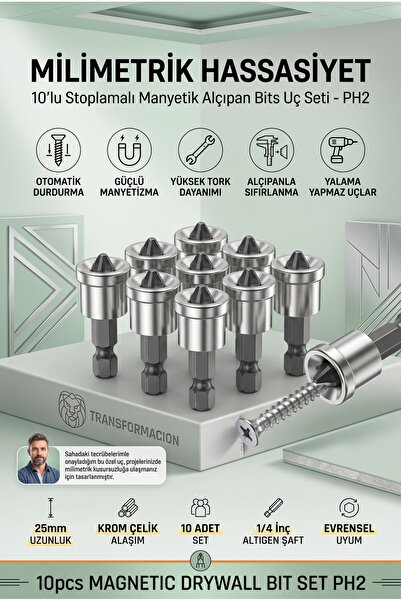 Transformacion 10 Adet Alçıpan Bits Uç Seti - Manyetik Ph2 Krom Çelik 25mm Vi...