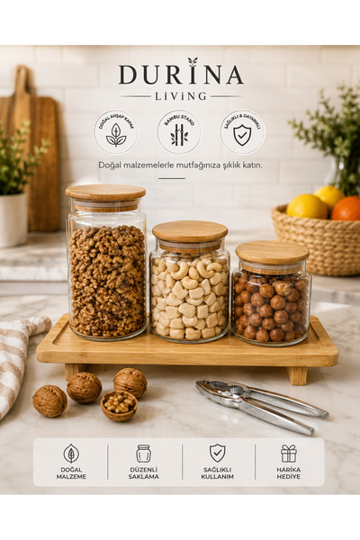 Durina Living Glass Jar Set with Wooden Lid and Stand |   1300 ml 850 ml 630 ...