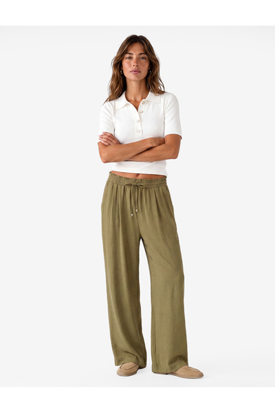 Koton Viscose Fabric Wide-Legged Trousers with Pockets and Tie-Waist