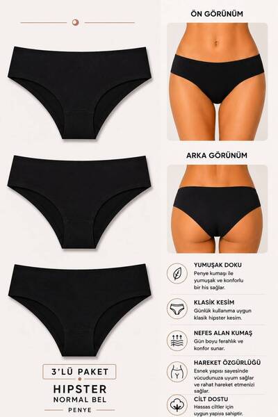 Ka Art Gallery 3-Pack Hipster. Premium Cotton Basic Normal Waist Panties. Black