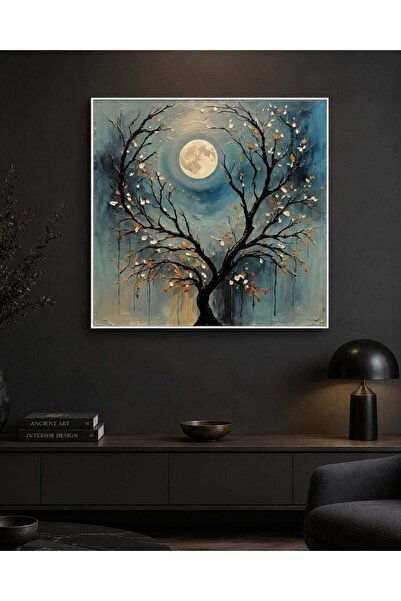 tablowall TREE MOON BEYAZ ÇERÇEVELİ YAĞLI BOYA DOKULU TABLO - 80 x 80 cm
