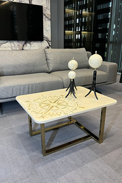 DECORAMİS FLORANSA ORTA SEHPA PUSULA DESEN-KREM-GOLD-ORTA SEHPA-HANDMADE-EL Y...