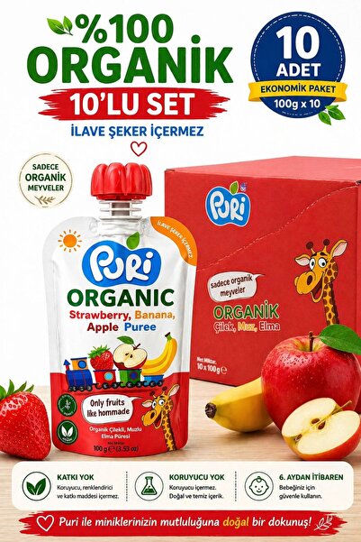 puri Organic Çilekli, Muzlu Elma Püresi 10’lu Paket 100g x10 %100 Organik İla...