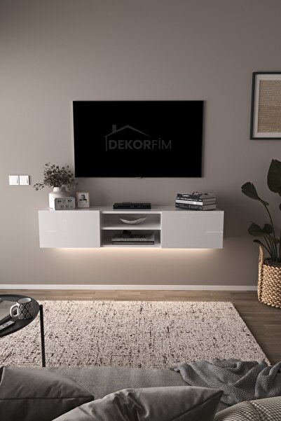 DEKORFİM DF17102 LED Işıklı Duvara Monte Beyaz TV Ünitesi, 2 Kapaklı Dolaplı ...